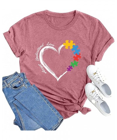 Autism Teacher Shirt Women's Autism Awareness Tshirt Accept Understand Love Tee Puzzle Piece Graphic Short Sleeve Top Pink $1...