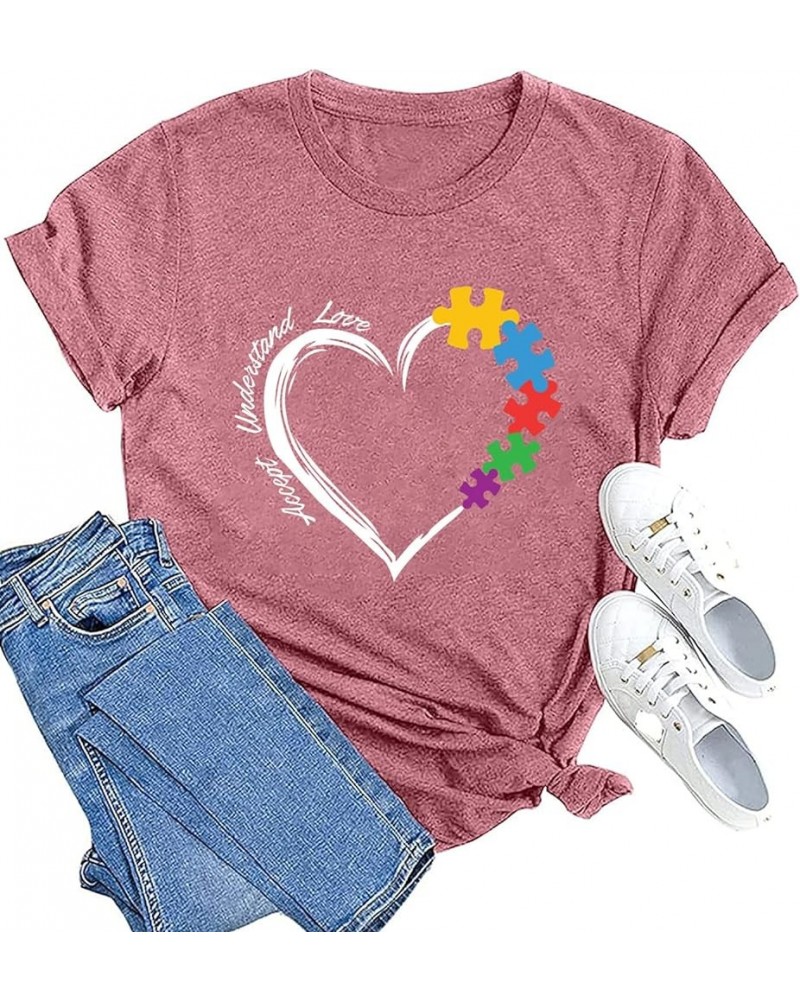 Autism Teacher Shirt Women's Autism Awareness Tshirt Accept Understand Love Tee Puzzle Piece Graphic Short Sleeve Top Pink $1...