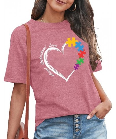 Autism Teacher Shirt Women's Autism Awareness Tshirt Accept Understand Love Tee Puzzle Piece Graphic Short Sleeve Top Pink $1...