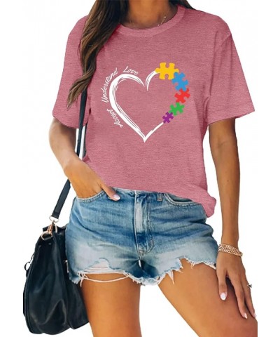 Autism Teacher Shirt Women's Autism Awareness Tshirt Accept Understand Love Tee Puzzle Piece Graphic Short Sleeve Top Pink $1...