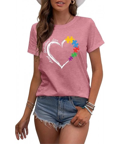 Autism Teacher Shirt Women's Autism Awareness Tshirt Accept Understand Love Tee Puzzle Piece Graphic Short Sleeve Top Pink $1...