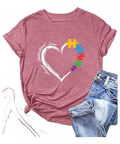 Autism Teacher Shirt Women's Autism Awareness Tshirt Accept Understand Love Tee Puzzle Piece Graphic Short Sleeve Top Pink $1...