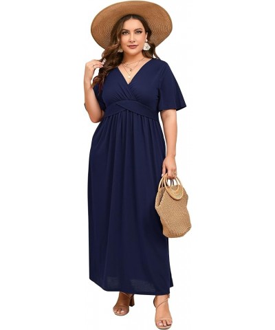 Women's Plus Size Summer Casual Long Dress Short Sleeve V Neck Empire Waist Beach Dresses Plus Size Party Dress S-navy Blue $...