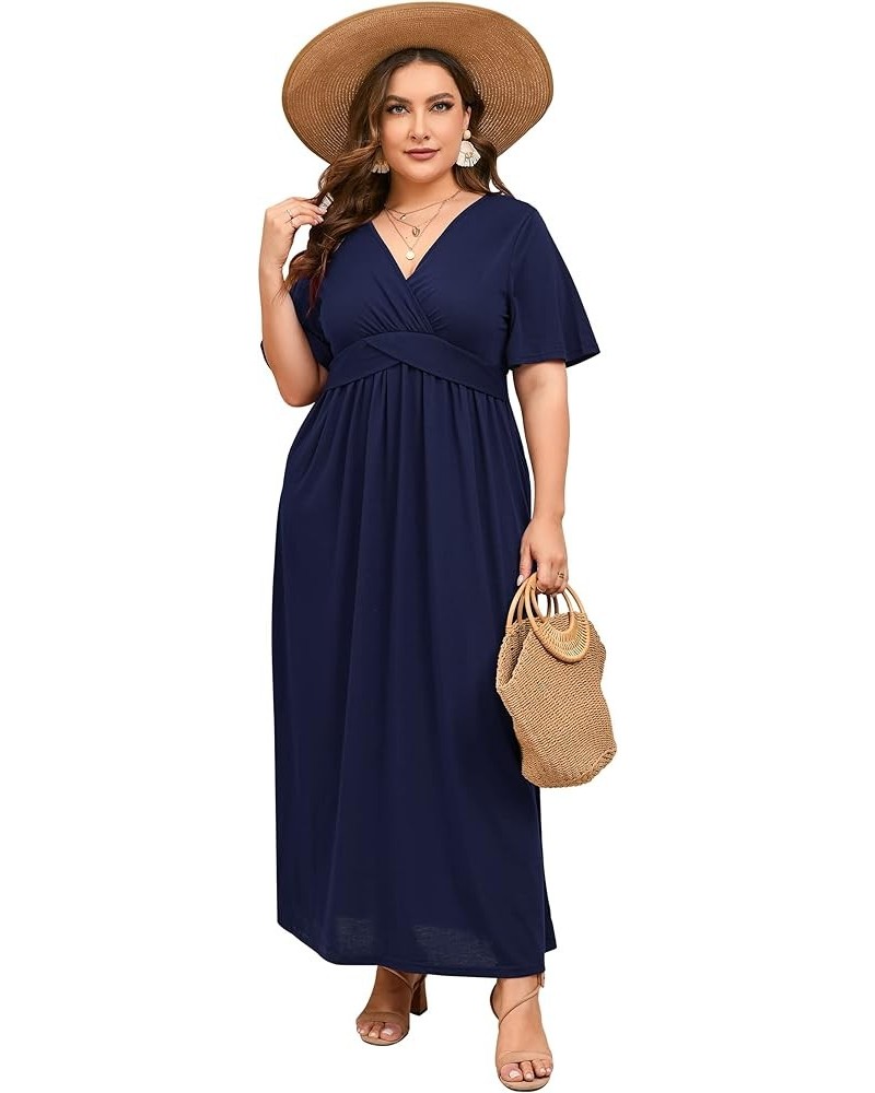 Women's Plus Size Summer Casual Long Dress Short Sleeve V Neck Empire Waist Beach Dresses Plus Size Party Dress S-navy Blue $...