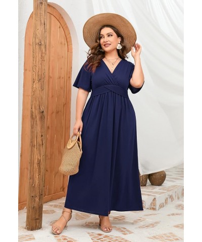 Women's Plus Size Summer Casual Long Dress Short Sleeve V Neck Empire Waist Beach Dresses Plus Size Party Dress S-navy Blue $...