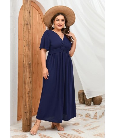 Women's Plus Size Summer Casual Long Dress Short Sleeve V Neck Empire Waist Beach Dresses Plus Size Party Dress S-navy Blue $...