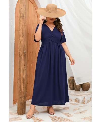 Women's Plus Size Summer Casual Long Dress Short Sleeve V Neck Empire Waist Beach Dresses Plus Size Party Dress S-navy Blue $...