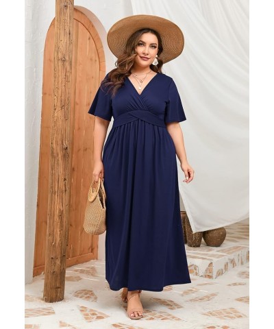 Women's Plus Size Summer Casual Long Dress Short Sleeve V Neck Empire Waist Beach Dresses Plus Size Party Dress S-navy Blue $...