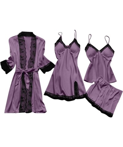 Sexy Pajama Set For Women Plus Size Comfy Silk Satin Lingerie Sets Classy 4 Piece Pjs Loungewear Lace Cute Sleepwear Womens P...