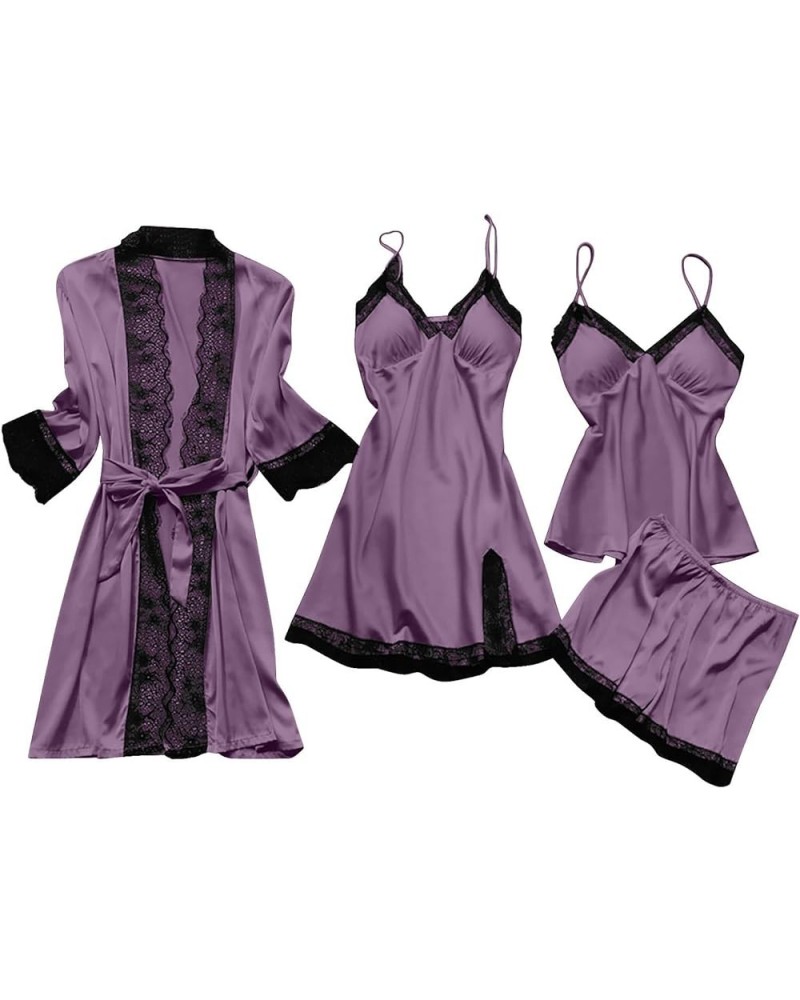 Sexy Pajama Set For Women Plus Size Comfy Silk Satin Lingerie Sets Classy 4 Piece Pjs Loungewear Lace Cute Sleepwear Womens P...