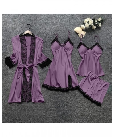 Sexy Pajama Set For Women Plus Size Comfy Silk Satin Lingerie Sets Classy 4 Piece Pjs Loungewear Lace Cute Sleepwear Womens P...