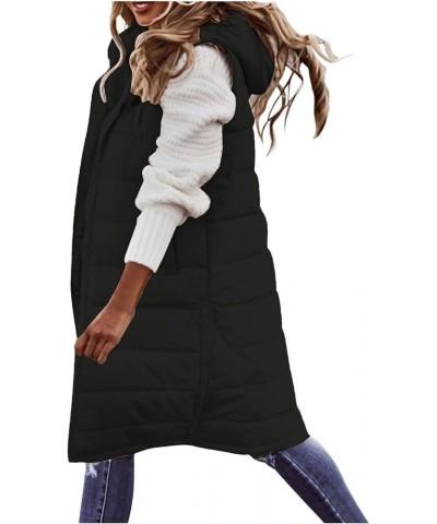 Women's Long Puffer Vest Jackets Hoodies Full Zipper Sleeveless Down Coats Thickened Warm Windbreakers with Pockets Black $15...