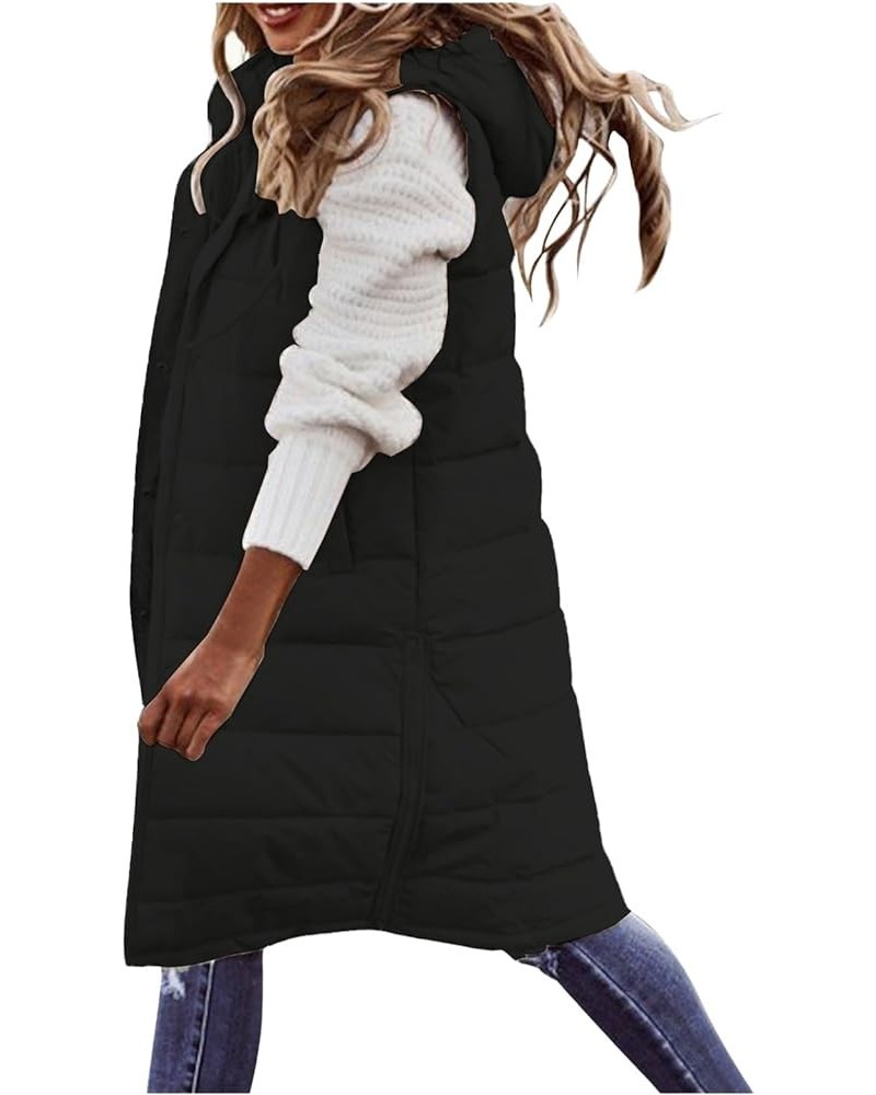 Women's Long Puffer Vest Jackets Hoodies Full Zipper Sleeveless Down Coats Thickened Warm Windbreakers with Pockets Black $15...