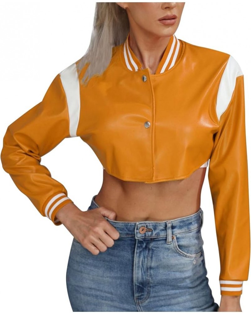 Faux Leather Cropped Jacket Women Fashion Motorcycle Biker Jackets Long Sleeve Button Up Casual Bomber Jackets Yellow $12.18 ...