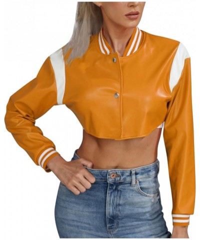 Faux Leather Cropped Jacket Women Fashion Motorcycle Biker Jackets Long Sleeve Button Up Casual Bomber Jackets Yellow $12.18 ...