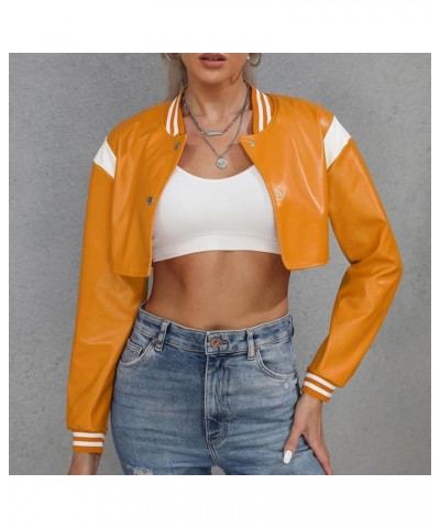 Faux Leather Cropped Jacket Women Fashion Motorcycle Biker Jackets Long Sleeve Button Up Casual Bomber Jackets Yellow $12.18 ...