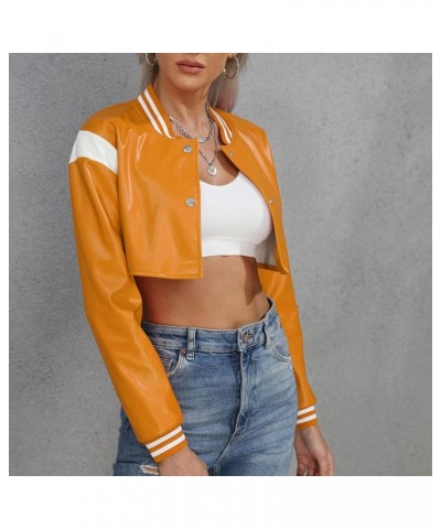 Faux Leather Cropped Jacket Women Fashion Motorcycle Biker Jackets Long Sleeve Button Up Casual Bomber Jackets Yellow $12.18 ...