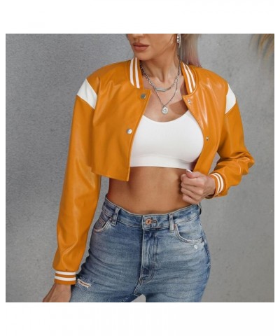 Faux Leather Cropped Jacket Women Fashion Motorcycle Biker Jackets Long Sleeve Button Up Casual Bomber Jackets Yellow $12.18 ...