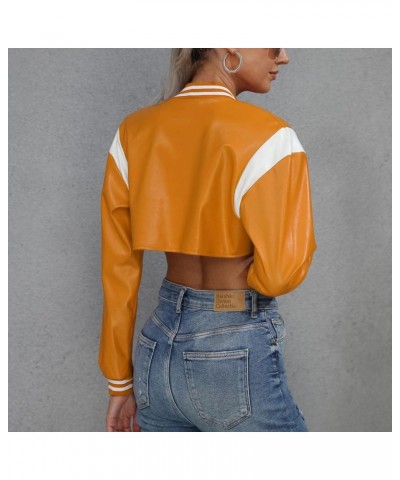 Faux Leather Cropped Jacket Women Fashion Motorcycle Biker Jackets Long Sleeve Button Up Casual Bomber Jackets Yellow $12.18 ...