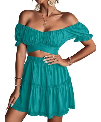 Women's 2 Piece Outfits Floral Off Shoulder Tie Up Crop Top and Mini Skirt Set Lake Blue $16.80 Suits