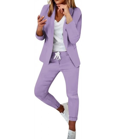 Business Suit for Women Casual Solid Long Sleeve Blazers Open Front Drawstring Pant Suits Set Elegant 2 Piece Outfit A01-purp...