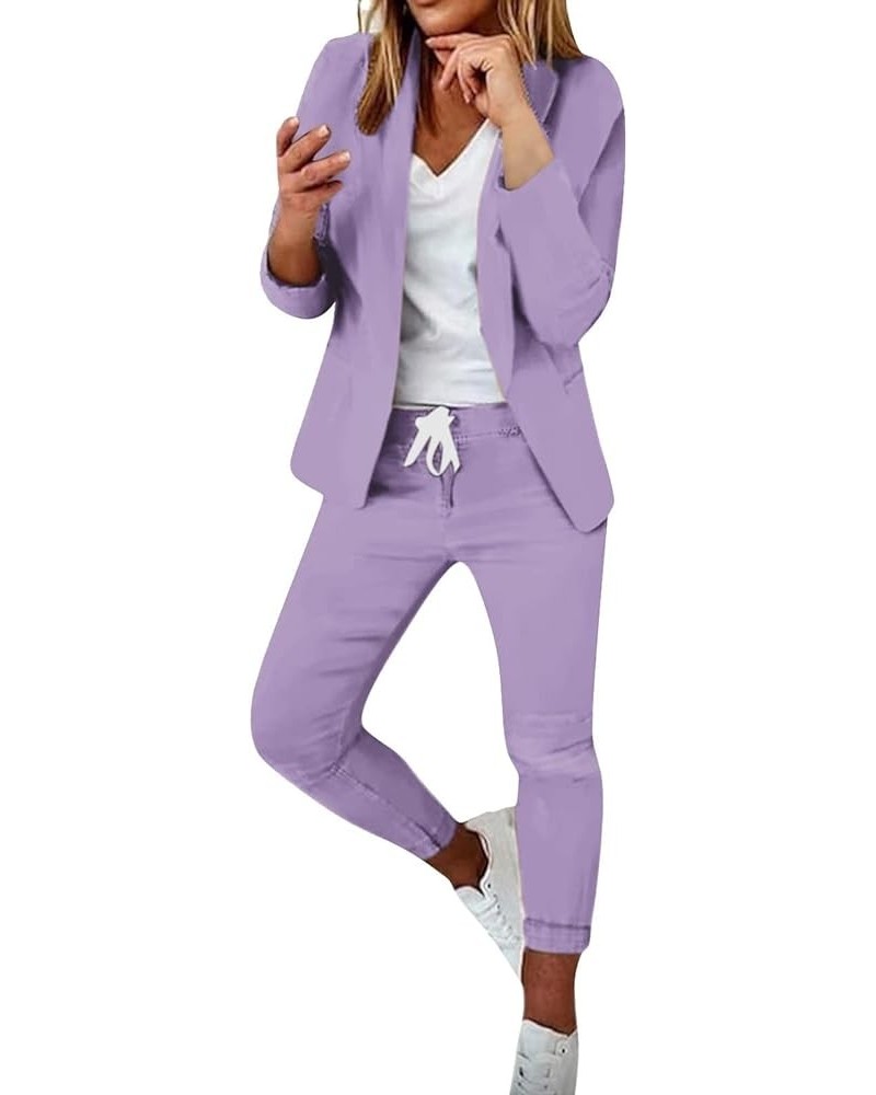 Business Suit for Women Casual Solid Long Sleeve Blazers Open Front Drawstring Pant Suits Set Elegant 2 Piece Outfit A01-purp...