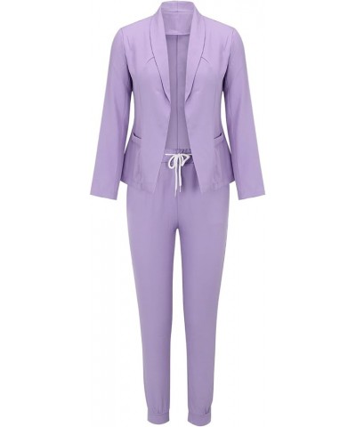 Business Suit for Women Casual Solid Long Sleeve Blazers Open Front Drawstring Pant Suits Set Elegant 2 Piece Outfit A01-purp...