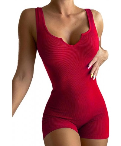 Tummy Control Bodysuit for Women Summer Fashion Sexy V Neck Sleeveless Tank Tops Ribbed One Piece Yoga Jumpsuits Red $4.58 Bo...