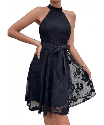 Women's Floral Lace Halter Zipper Back Sleeveless Flared A Line Summer Dress Black Floral $24.74 Dresses