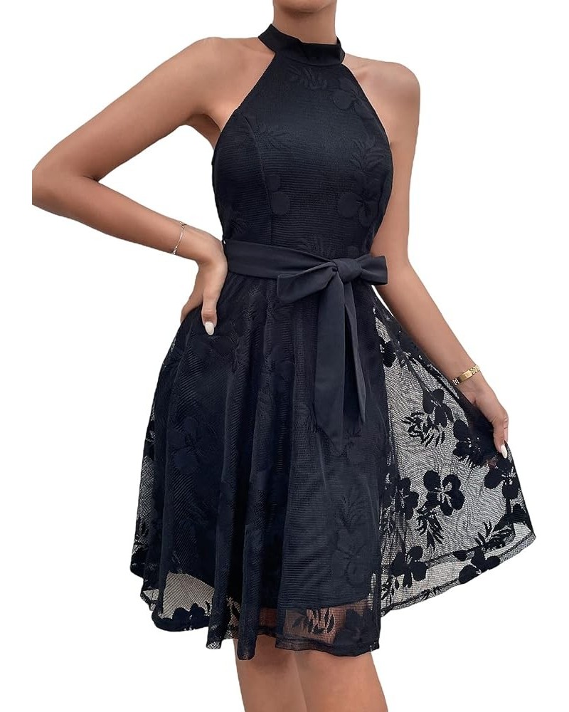 Women's Floral Lace Halter Zipper Back Sleeveless Flared A Line Summer Dress Black Floral $24.74 Dresses