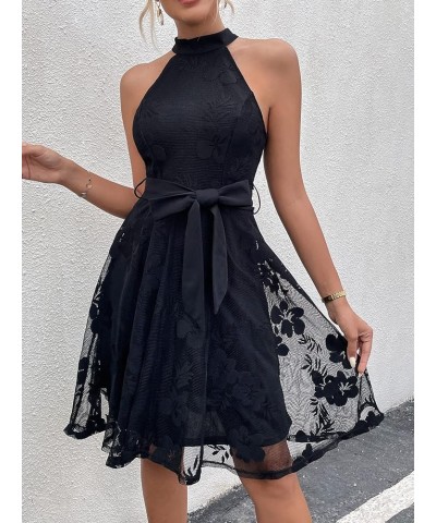 Women's Floral Lace Halter Zipper Back Sleeveless Flared A Line Summer Dress Black Floral $24.74 Dresses