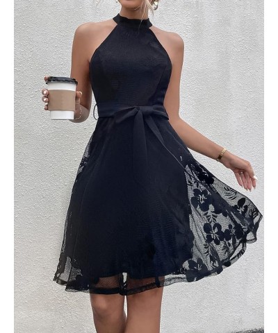 Women's Floral Lace Halter Zipper Back Sleeveless Flared A Line Summer Dress Black Floral $24.74 Dresses