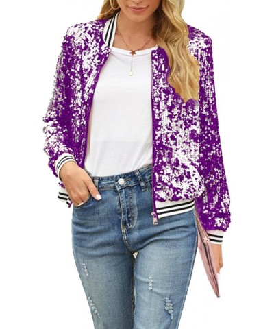 Womens Sequin Zip Up Jacket Casual Long Sleeve Glitter Party Bomber Blazer with Ribbed Cuffs Casual Shiny Jackets Purple $9.8...