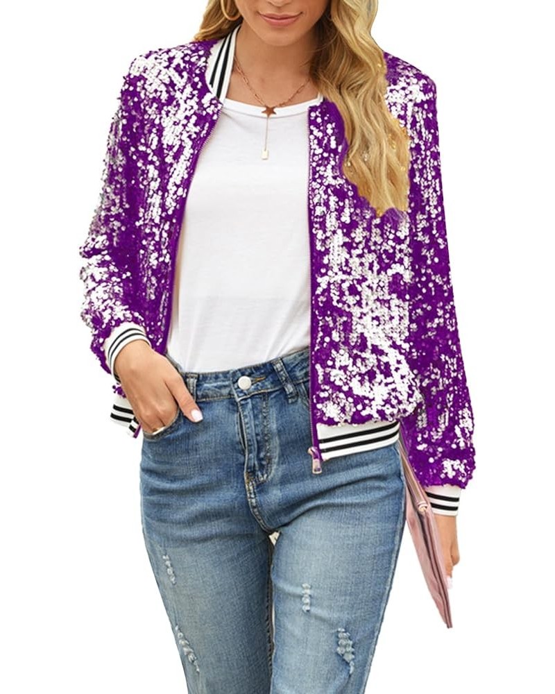 Womens Sequin Zip Up Jacket Casual Long Sleeve Glitter Party Bomber Blazer with Ribbed Cuffs Casual Shiny Jackets Purple $9.8...