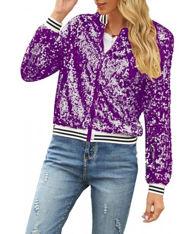 Womens Sequin Zip Up Jacket Casual Long Sleeve Glitter Party Bomber Blazer with Ribbed Cuffs Casual Shiny Jackets Purple $9.8...