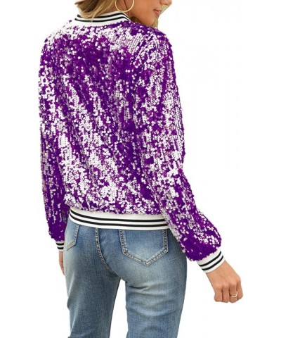 Womens Sequin Zip Up Jacket Casual Long Sleeve Glitter Party Bomber Blazer with Ribbed Cuffs Casual Shiny Jackets Purple $9.8...