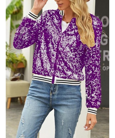 Womens Sequin Zip Up Jacket Casual Long Sleeve Glitter Party Bomber Blazer with Ribbed Cuffs Casual Shiny Jackets Purple $9.8...