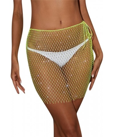 Women Sexy Glitter Rhinestone Mesh See Through Mini Skirt Hollow Out Swimsuit Cover Up Club Festival Rave Outfit Fluorescent ...