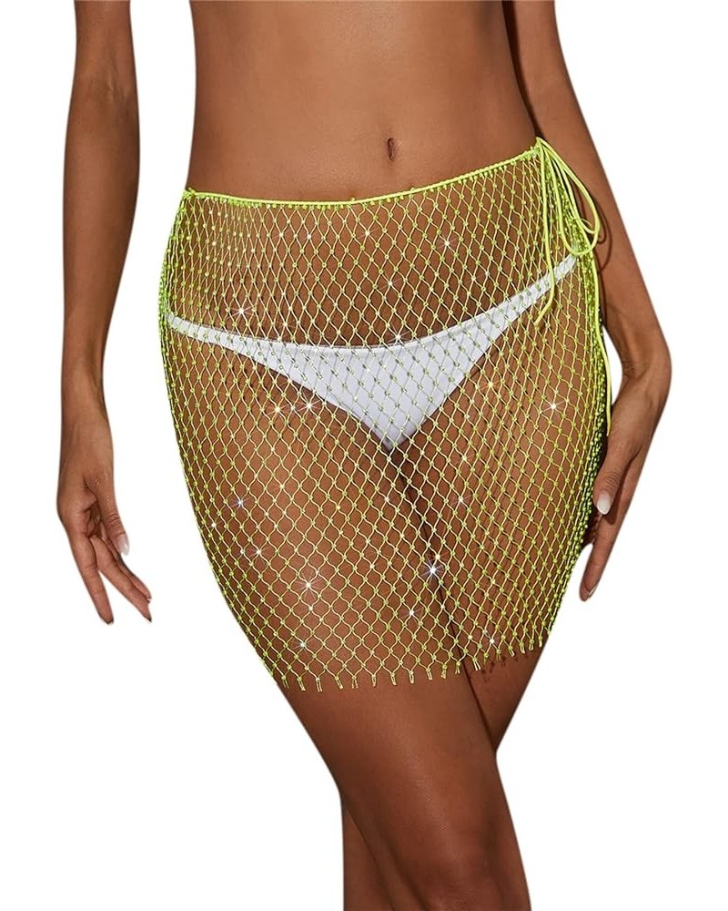 Women Sexy Glitter Rhinestone Mesh See Through Mini Skirt Hollow Out Swimsuit Cover Up Club Festival Rave Outfit Fluorescent ...