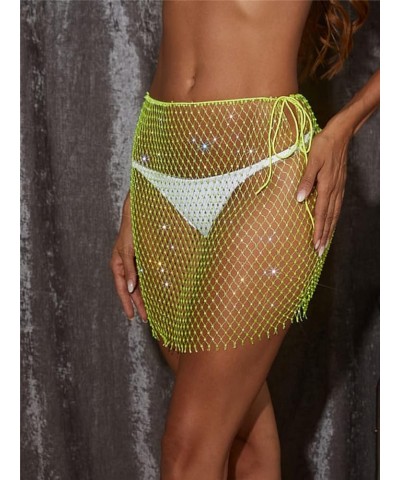 Women Sexy Glitter Rhinestone Mesh See Through Mini Skirt Hollow Out Swimsuit Cover Up Club Festival Rave Outfit Fluorescent ...