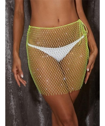 Women Sexy Glitter Rhinestone Mesh See Through Mini Skirt Hollow Out Swimsuit Cover Up Club Festival Rave Outfit Fluorescent ...