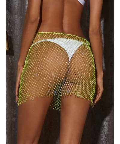 Women Sexy Glitter Rhinestone Mesh See Through Mini Skirt Hollow Out Swimsuit Cover Up Club Festival Rave Outfit Fluorescent ...