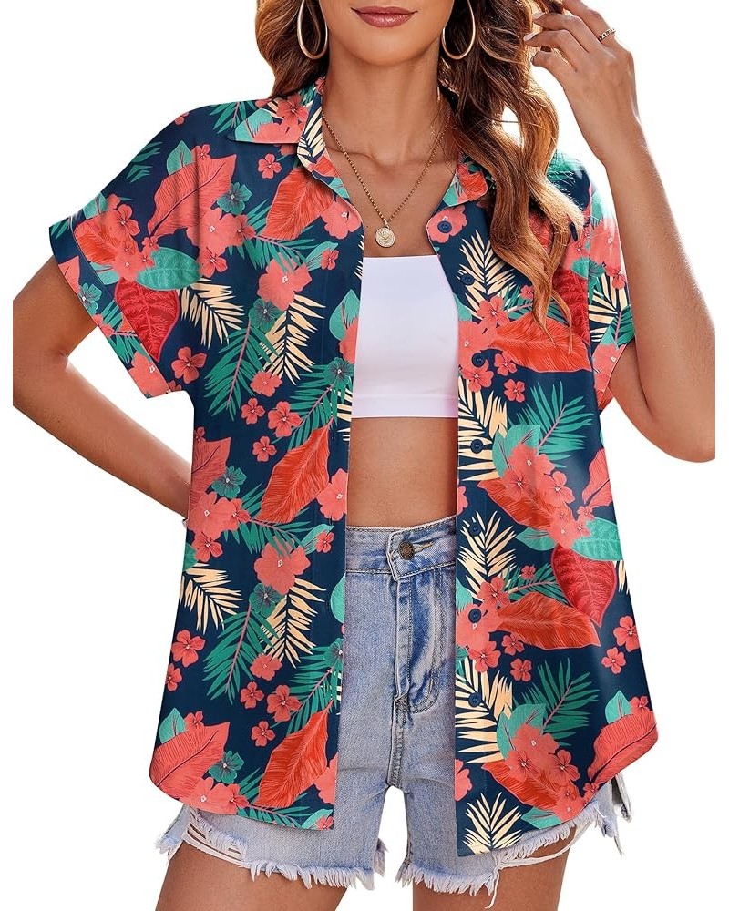 Women's Hawaiian Button Down Shirts Casual Short Sleeve Floral Tropic Print Summer Blouse Tunic Top Zw9 $16.19 Blouses