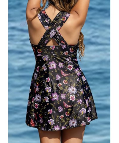 Women's Elegant Crossover One Piece Swimdress Floral Skirted Swimsuit Floral 333 $17.20 Swimsuits