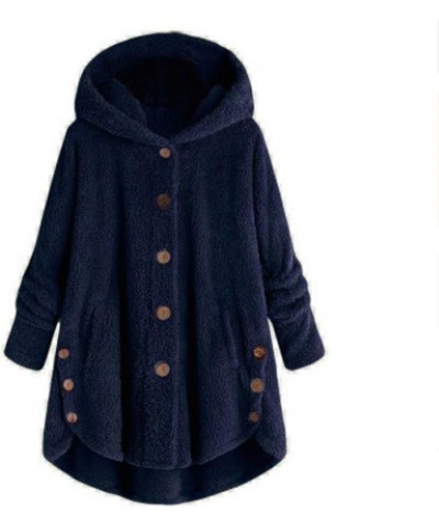 Women 2024 Spring New Fur Outerwear Coat Solid Long Sleeve Zipper Loose Warm Soft Windproof Hooded Jacket 05-navy $16.19 Jackets