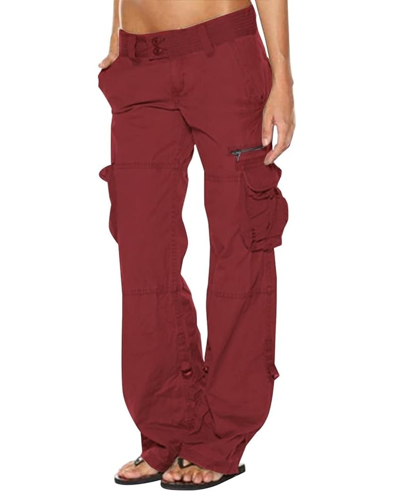 Women's Cargo Pants with Pockets Casual Baggy Military Tactical Jeans Trousers Straight Wide Leg Pants Burgundy $15.40 Jeans