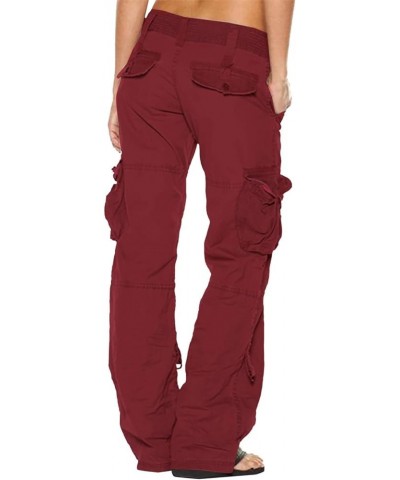 Women's Cargo Pants with Pockets Casual Baggy Military Tactical Jeans Trousers Straight Wide Leg Pants Burgundy $15.40 Jeans