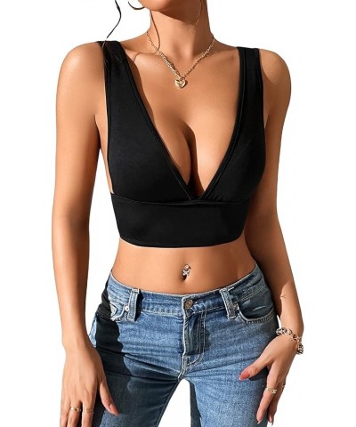 Women's Deep V Neck Sleeveless Crop Tank Top Sexy Backless Tops Black $15.92 Tanks