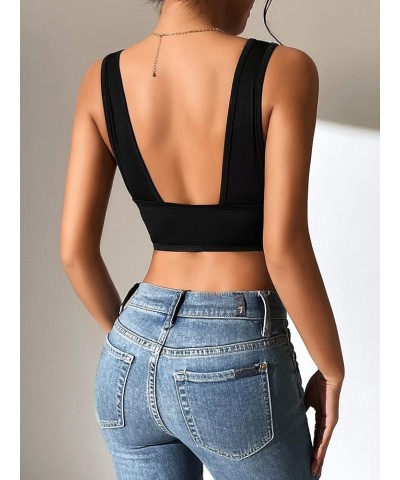 Women's Deep V Neck Sleeveless Crop Tank Top Sexy Backless Tops Black $15.92 Tanks