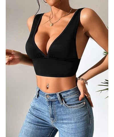 Women's Deep V Neck Sleeveless Crop Tank Top Sexy Backless Tops Black $15.92 Tanks